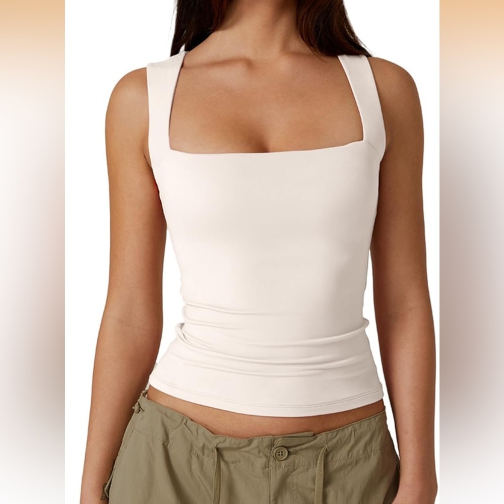 Women's Square Neck Sleeveless Double-Layer Tank Tops Basic Tight T Shirts XS